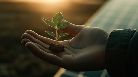 A delicate green plant grows in a human hand, symbolizing nurturing and sustainability. The soft sunlight highlights the solar panel in the background, showcasing harmony with nature.の素材
