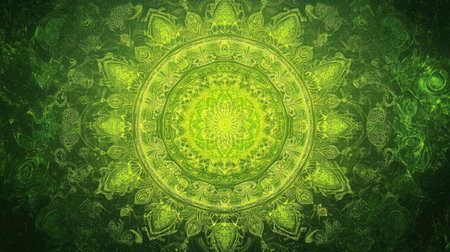 This image features a detailed green mandala design, rich in texture and color, ideal for wellness themes, meditation spaces, or artistic projects.の素材
