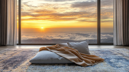 Inviting interior scene showcasing a serene sunset over clouds, featuring plush cushions and a warm blanket on a stylish rug, perfect for relaxation.の素材