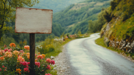A serene country road winds through lush greenery, with a blank signpost and vibrant flowers adding color. Perfect for travel or nature themes.の素材