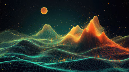 A captivating abstract digital landscape featuring glowing mountains under a starry night sky. The vibrant colors and intricate waves create a mesmerizing visual experience.の素材