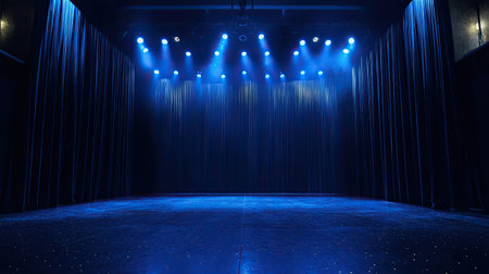 A theatrical stage featuring vibrant blue lighting and dark curtains, creating a dramatic atmosphere perfect for performances and events. Ideal backdrop for creativity.の素材