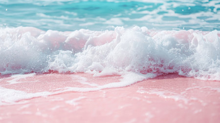 Gentle waves crash against a pink sand beach, creating a serene and tranquil atmosphere. The sparkling blue water invites relaxation and escape into nature.の素材