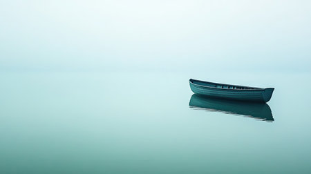 A solitary boat rests quietly on the still water, surrounded by a soft mist, creating a serene atmosphere. The tranquil scene invites reflection and calm.の素材