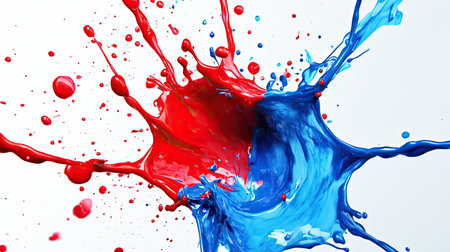 A vibrant splash of red and blue paint creates an eye-catching dynamic display. This abstract image showcases motion and creativity against a bright white backdrop.の素材