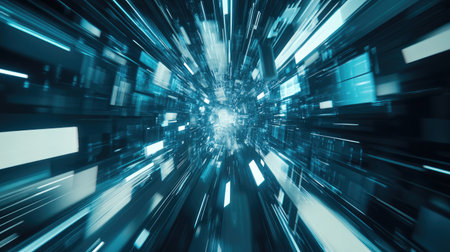 Immerse in this stunning abstract digital tunnel showcasing vibrant blue light effects. A futuristic design that symbolizes speed and innovation.の素材