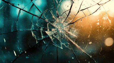 A close-up view of broken glass reflecting sunlight, showcasing intricate cracks and vibrant colors. The image captures a blend of fragility and beauty.の素材