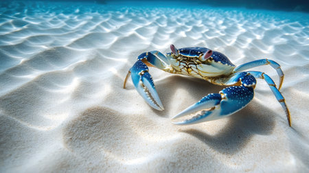 A vibrant blue crab is crawling across a soft sandy ocean floor, showcasing its colorful shell against the tranquil backdrop of the sea. The underwater scene captures the essence of marine life and beauty.の素材