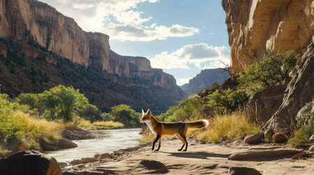 A beautiful fox stands gracefully by a river in a rocky canyon, surrounded by lush greenery and dramatic cliffs. The sunlight casts a warm glow on this peaceful wilderness scene.の素材