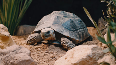 A detailed close-up view of a tortoise resting on sandy ground surrounded by rocks and vegetation, showcasing its unique shell pattern and natural habitat.の素材