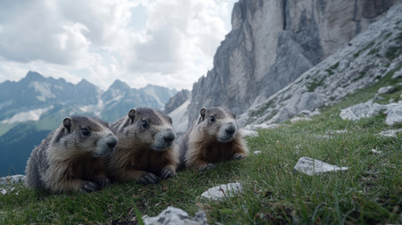 Three adorable marmots sit closely together on rocky ground in a stunning mountain landscape. The natural beauty of the environment highlights their furry features and playful demeanor.の素材