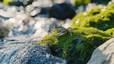 A solitary crab perched on a mossy rock along the shoreline, surrounded by gentle waves and natural greenery, showcases the beauty of coastal wildlife.の素材