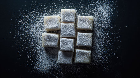 A top view of delightful dessert squares coated in powdered sugar, ideal for showcasing culinary artistry. Perfect for festive occasions or simple indulgence.の素材