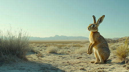 A majestic rabbit stands gracefully in a serene desert landscape under soft golden light, showcasing its beauty and the tranquility of nature.の素材