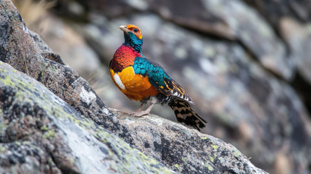 A stunning bird with vibrant colored feathers perches gracefully on rocky terrain, showcasing the beauty of wildlife in its natural habitat. This image captures the essence of nature.の素材