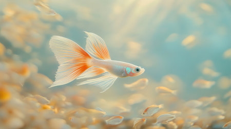 A captivating white goldfish glides gracefully through a serene aquarium, surrounded by tiny fish and soft light. The tranquil underwater scene showcases stunning aquatic beauty.の素材