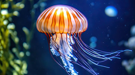 Explore the serene beauty of a jellyfish gracefully swimming through vibrant underwater scenery, showcasing its delicate tentacles and colorful glow.の素材