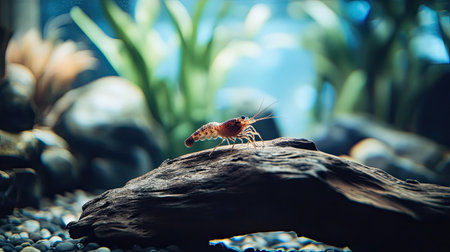 A vibrant freshwater shrimp explores a piece of driftwood in a serene underwater setting. The composition highlights the shrimp's intricate details against a backdrop of lush aquatic plants and stones.の素材