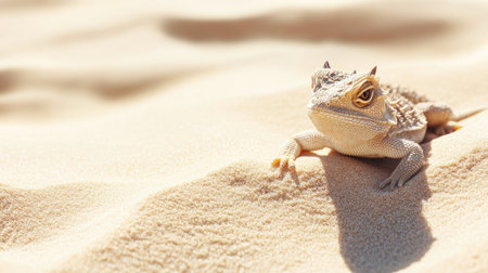 A close-up view of a lizard relaxing on warm desert sand, showcasing its unique features. The creature adjusts to its natural environment in bright daylight.の素材