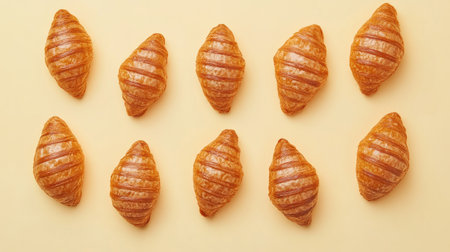 A beautiful arrangement of freshly baked croissants on a soft yellow background, presenting a mouthwatering snack ideal for breakfast, brunch, or any culinary occasion.の素材
