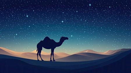 A solitary camel silhouette stands in a tranquil desert landscape under a starry night sky. The serene atmosphere captures the beauty of nature and the vastness of the wilderness.の素材