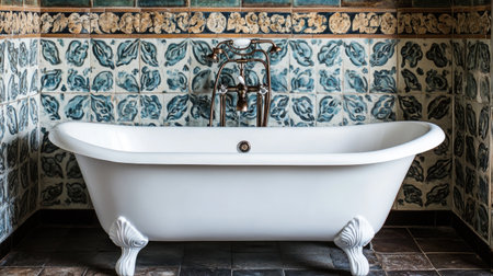 This image features an elegant vintage bathtub set against a beautifully tiled wall. The serene atmosphere and intricate tile patterns create a luxurious retreat ideal for relaxation.の素材