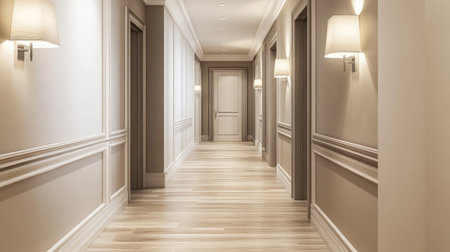 A stunning view of a modern hotel corridor featuring soft lighting and elegant wood flooring. The minimalist design creates a serene atmosphere, perfect for relaxation.の素材