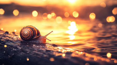 A charming snail crawls along a log by the water during sunset, creating a serene atmosphere with a beautiful bokeh effect and glowing reflections.の素材