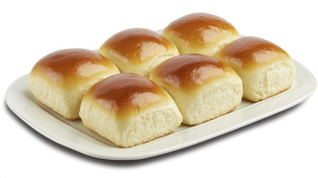 A beautiful display of six soft and fluffy dinner rolls placed on a white plate. Perfect for any meal, these rolls are golden and inviting.の素材