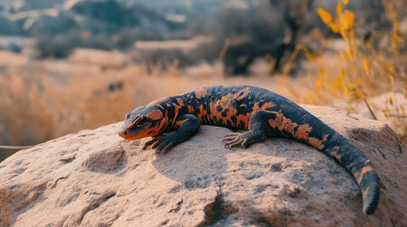 A colorful lizard rests on a rock in a serene desert landscape, basking in the warm sunlight. The scene showcases the beauty of wildlife and nature.の素材