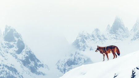 A solitary fox stands gracefully on a snowy ridge, gazing across a stunning winter landscape of snow-covered mountains, embodying the spirit of wilderness.の素材