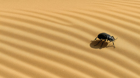 A solitary black beetle crawls over smooth sand dunes, creating a striking contrast against the warm golden surface. This close-up captures details of desert life.の素材