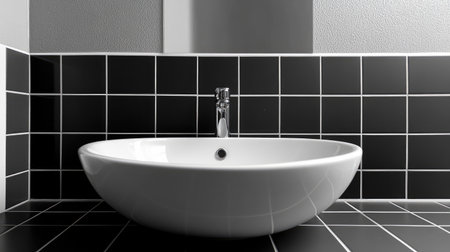 A stylish modern bathroom featuring a sleek white sink set against a striking black and white tiled wall. The design emphasizes simplicity and contemporary aesthetics.の素材