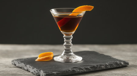 A sophisticated dark cocktail elegantly presented in a crystal glass, garnished with an orange twist, resting on a slate serving board, ideal for upscale events.の素材