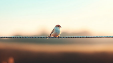 A small bird perches on a wire in a serene setting during sunset. The soft light creates a tranquil atmosphere, enhancing the beauty of nature and wildlife.の素材