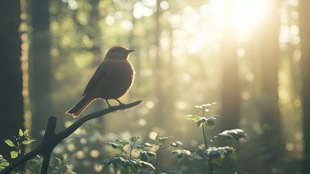 A small bird sits gracefully on a branch, bathed in soft sunlight filtering through a serene forest. The peaceful scene captures the beauty of nature.の素材