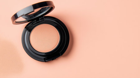 A sleek and elegant blush compact rests on a soft peach background, highlighting its smooth texture and beauty. This image captures the essence of personal care and style.の素材
