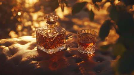 A stunning composition featuring a glass decanter and a crystal glass filled with amber whiskey, illuminated by warm sunset light.の素材