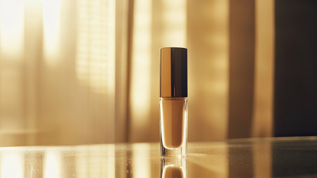 A stylish foundation bottle stands alone on a reflective table, bathed in warm sunlight. The minimalist setting emphasizes elegance and beauty, ideal for cosmetic promotions.の素材