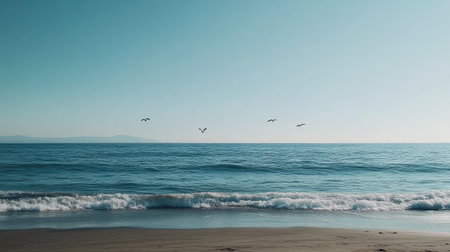 This serene seaside view features gentle waves lapping at the shore, with birds soaring gracefully in a clear blue sky, evoking tranquility and peace.の素材