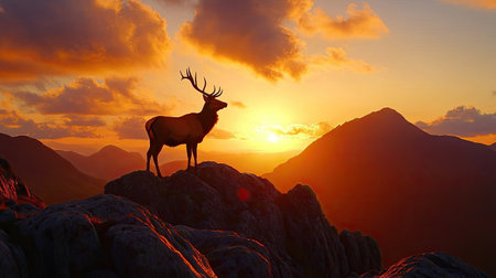 A stunning silhouette of a majestic deer stands atop rocky terrain, framed by a vibrant sunset over the mountainous landscape, creating a serene and picturesque scene.の素材