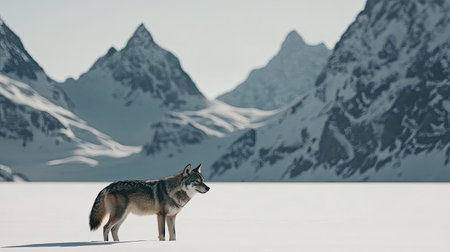 A lone wolf stands poised in a vast snowy landscape, surrounded by majestic mountains. The serene scene captures the essence of wilderness and solitude.の素材