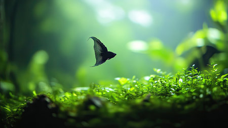 A stunning image of a fish swimming gracefully in a lush green aquatic environment, showcasing vibrant flora and a serene atmosphere filled with tranquility.の素材