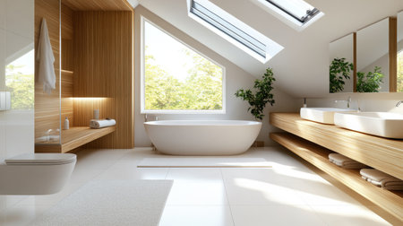 This stunning minimalist bathroom showcases a blend of natural light and wooden accents, creating a serene and relaxing atmosphere ideal for modern homes.の素材