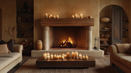 A cozy living room featuring a rustic fireplace surrounded by an array of candles, offering a warm and inviting ambiance perfect for relaxation and tranquility.の素材