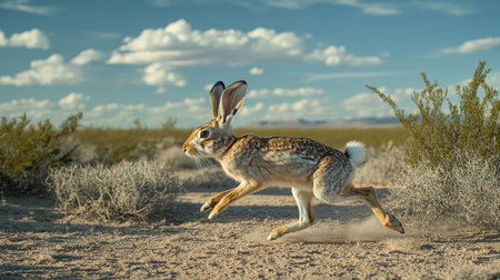 A brown rabbit showcases its speed and agility while leaping across a tranquil desert landscape under a clear blue sky with fluffy clouds.の素材