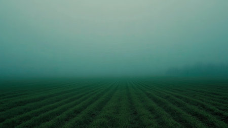 A serene foggy landscape featuring lush green fields stretching towards the horizon. The atmosphere evokes tranquility and mystery amid soft daylight.の素材