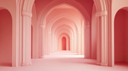 Discover a tranquil interior featuring soft pink hues and elegant arches. This minimalist space showcases beauty in simplicity, perfect for creative projects.の素材