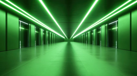 A striking futuristic corridor featuring vibrant green neon lights that create an immersive atmosphere. The sleek design invites intrigue and exploration.の素材