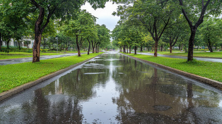 A tranquil scene featuring a rain-soaked street lined with lush green trees, showcasing reflections on the water. The setting is peaceful and refreshing.の素材